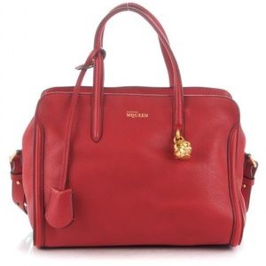 ALEXANDER MCQUEEN Pebbled Calfskin Small Skull Padlock Zip Around Tote Red